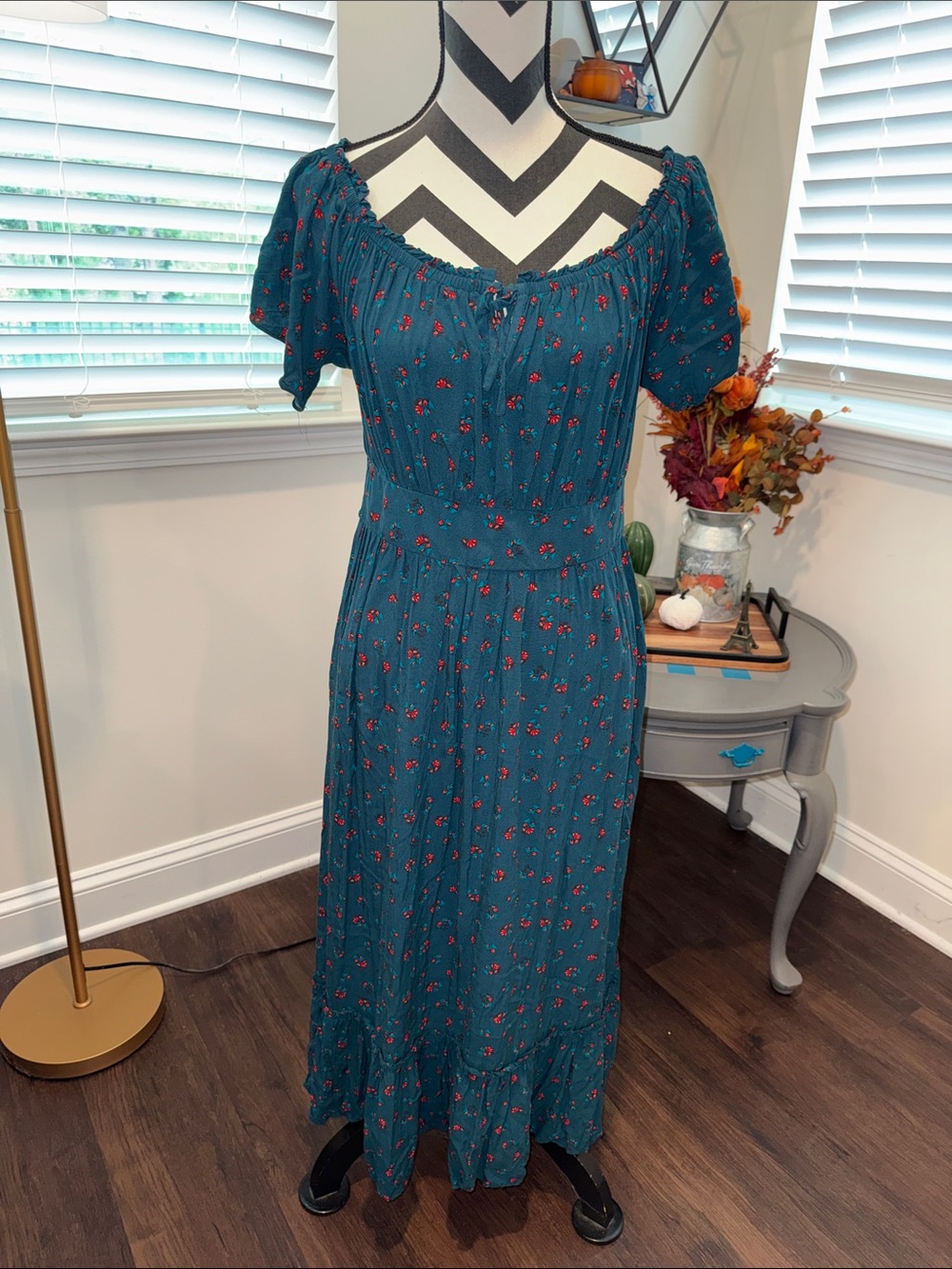 Torrid Teal Floral Tea Length Challis Off Shoulder Peasant Dress 00